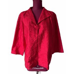 Eileen Fisher Red Silk Crinkle Lightweight Button Front Top Blouse Jacket XL